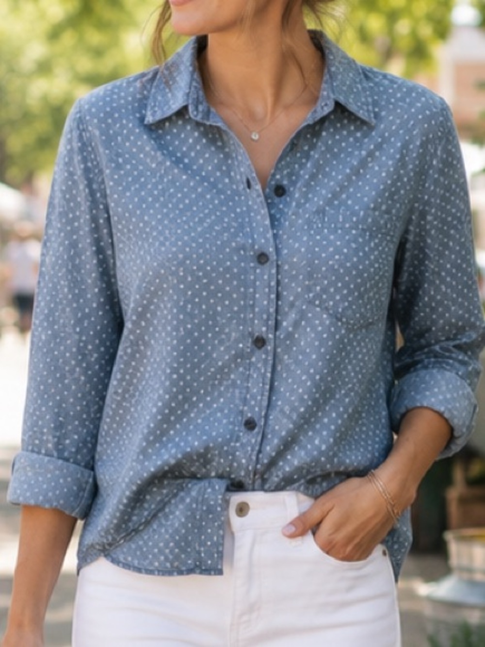 Gap Boyfriend Fit Chambray Print Button-Up Shirt Medium NWOT